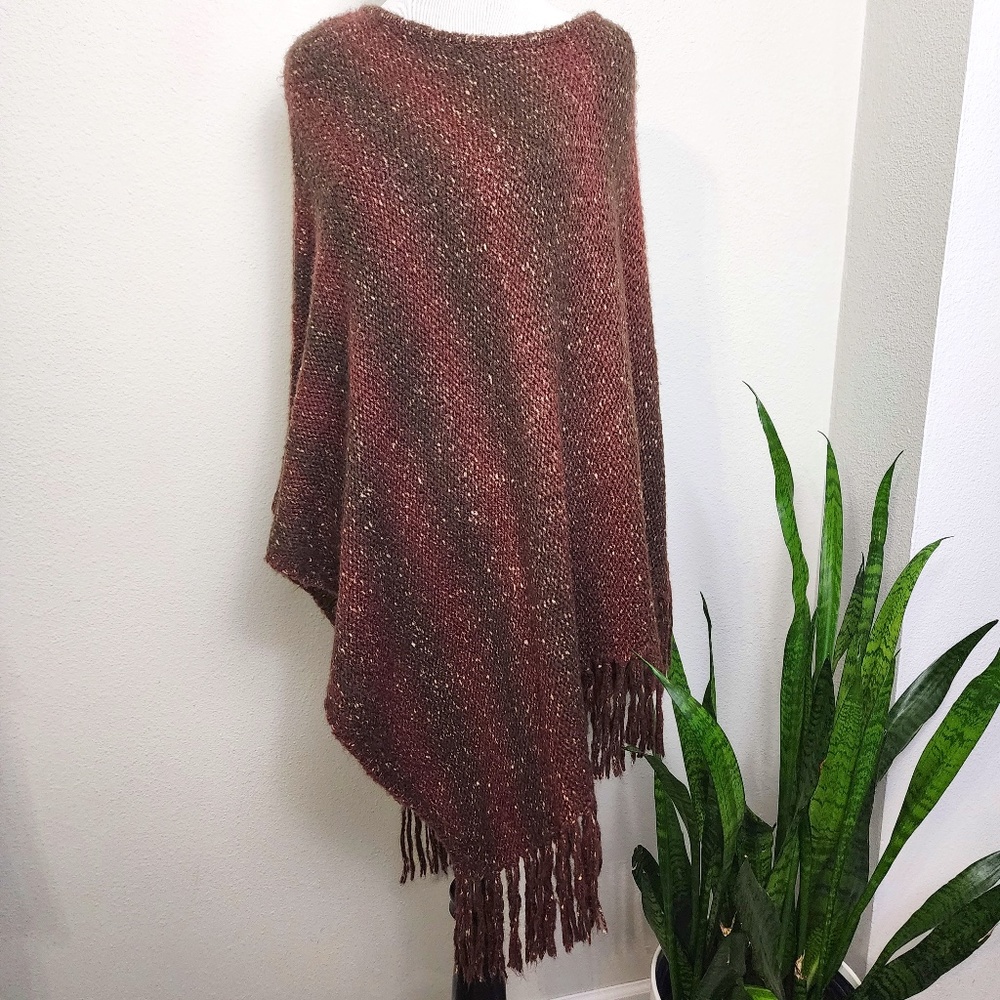 Westbound Chunky Woven Knit Poncho Asymmetrical Fringe Hem Large Cotton Blend